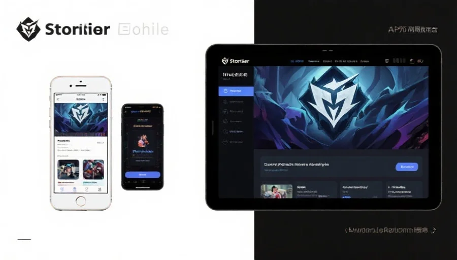 风暴娱乐移动应用界面和网页版界面对比展示，突出其设计风格和交互方式
