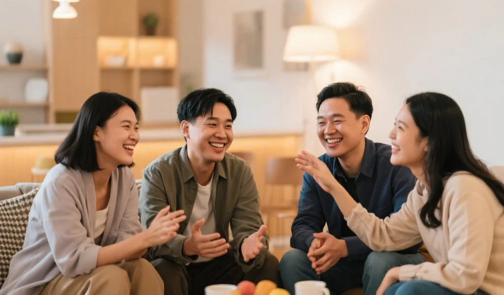 亚洲多元人群在舒适环境中愉快互动，微笑交流，背景温馨现代