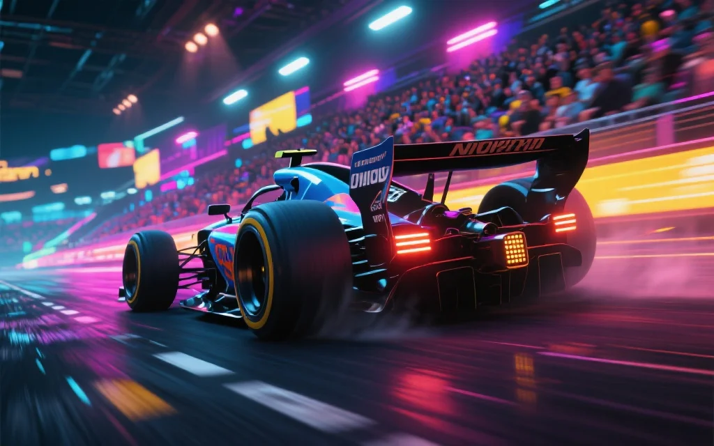一辆赛车在虚拟赛道上高速冲刺，背景为绚丽的灯光和观众席，展现竞速游戏的刺激氛围