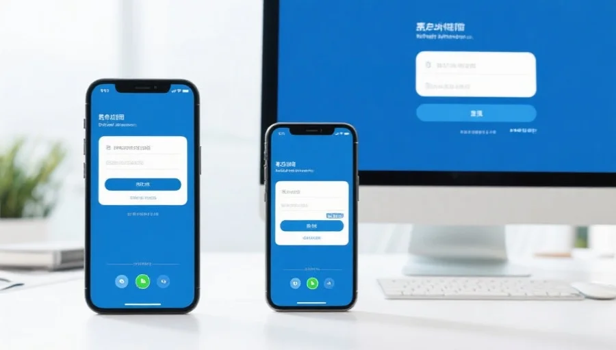 手机和电脑同时显示登录界面，用户在输入验证码，环境明亮专业