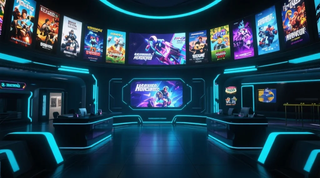 一个充满未来科技感的虚拟游戏大厅，屏幕上展示着多款热门电子游戏的海报