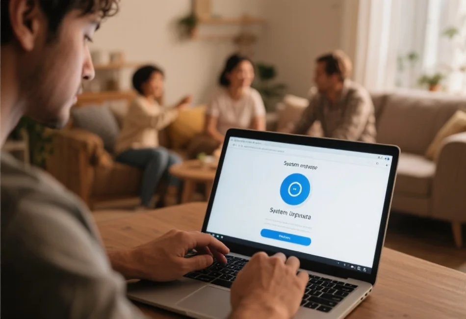 一位用户正在笔记本电脑上进行系统更新,背景为温馨家庭环境